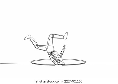 Continuous one line drawing astronaut falling into deep hole. Protruding legs from hatch. Failure in spaceship galactic expedition. Cosmonaut outer space. Single line draw design vector illustration