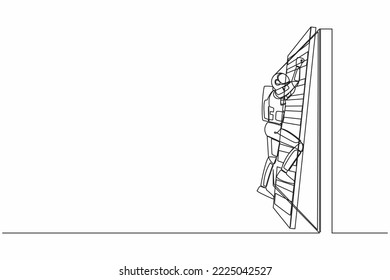 Continuous one line drawing of astronaut climbing up the wall with ladder in moon surface. Spaceship expedition business obstacle. Cosmonaut outer space. Single line graphic design vector illustration