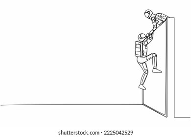 Continuous one line drawing astronaut helping another spaceman climb wall by pulling him to the top. Teamwork in space industry. Cosmonaut outer space. Single line graphic design vector illustration