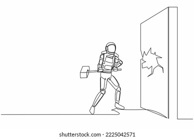 Continuous one line drawing astronaut breaks and hitting wall with hammer. Achievement way for success space expedition project. Cosmonaut outer space. Single line graphic design vector illustration