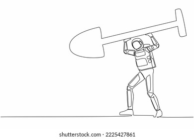 Continuous one line drawing astronaut standing and lifting big shovel. Depicts successful and achievement, in galactic discovery. Cosmonaut outer space. Single line graphic design vector illustration