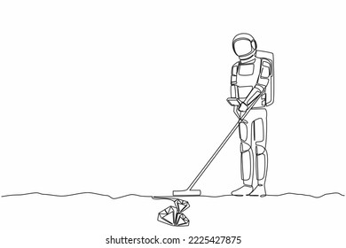 Continuous one line drawing of astronaut with metal detector looking for pile of diamonds. Spaceman hunter finding precious stone. Cosmonaut outer space. Single line graphic design vector illustration