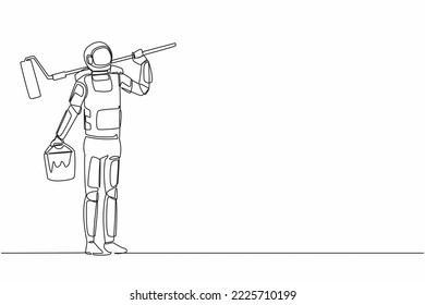 Continuous one line drawing astronaut painter standing with bucket of paint and paint roller. Future space technology development. Cosmonaut outer space. Single line graphic design vector illustration svg