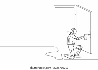 Continuous one line drawing astronaut with drill, repair door element. Future house decoration. Home reparation in moon surface. Cosmonaut outer space. Single line graphic design vector illustration