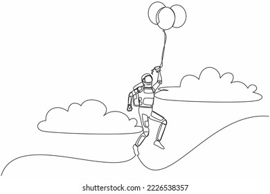 Continuous one line drawing astronaut flying with balloon air. Achieve journey independence. Future space technology development. Cosmonaut outer space. Single line graphic design vector illustration