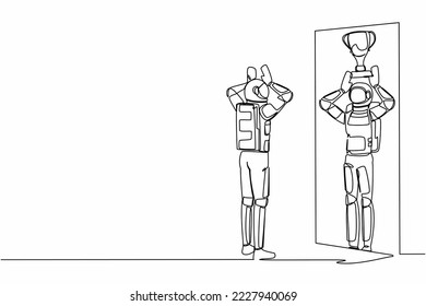 Continuous one line drawing astronaut looking himself happy in mirror reflection with lifting up trophy cup. Success in space exploration. Cosmonaut outer space. Single line design vector illustration
