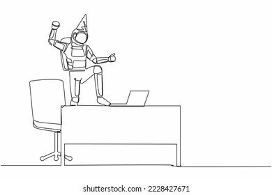 Continuous one line drawing astronaut stands in office desk with hand raised. Spaceman celebrate successful in spaceship journey. Cosmonaut outer space. Single line graphic design vector illustration