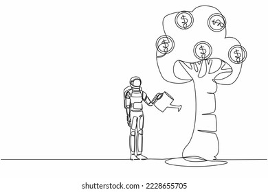 Continuous one line drawing astronaut watering money tree with coin dollar symbol. Profit growth in galactic spaceship industry. Cosmonaut outer space. Single line graphic design vector illustration