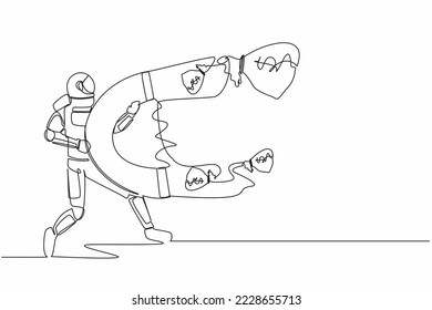Continuous one line drawing astronaut using big magnet to attract many money bag  Funding for future spaceship technology development  Cosmonaut outer space  Single line design vector illustration