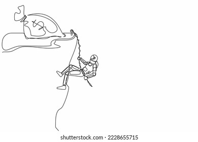 Continuous one line drawing astronaut climbing high cliff using rope toward money bag. Difficulty of finding funding for launch spaceship. Cosmonaut outer space. Single line design vector illustration