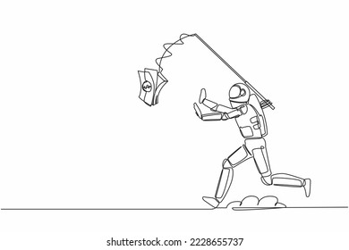 Continuous one line drawing astronaut running chasing bait of banknote from himself. Greedy of collecting money in space industry. Cosmonaut outer space. Single line graphic design vector illustration