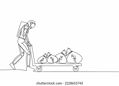 Continuous one line drawing astronaut push wheelbarrow with money bags in moon surface. Reward or profit after space exploration. Cosmonaut outer space. Single line graphic design vector illustration