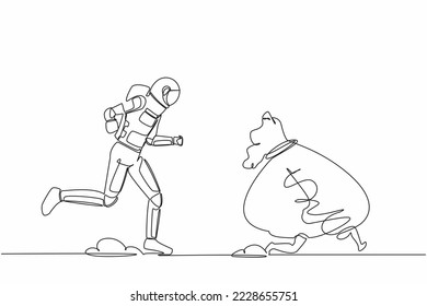 Continuous one line drawing astronaut chasing money bag dollar in moon surface. Trying to achieve spaceship funding in startup industry. Cosmonaut outer space. Single line design vector illustration