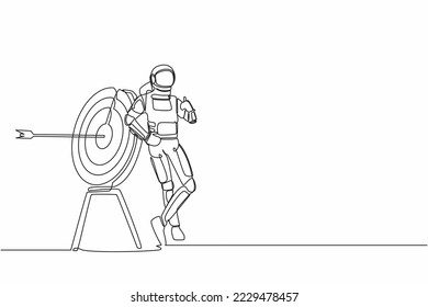 Continuous one line drawing astronaut leaning on target with thumbs up gesture. Happy with successful starship journey expedition. Cosmonaut outer space. Single line graphic design vector illustration svg
