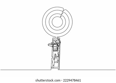 Continuous one line drawing of astronaut rises up stairs to top of target. Achieving spaceship expedition goal. Ladder to the sky. Cosmonaut outer space. Single line graphic design vector illustration