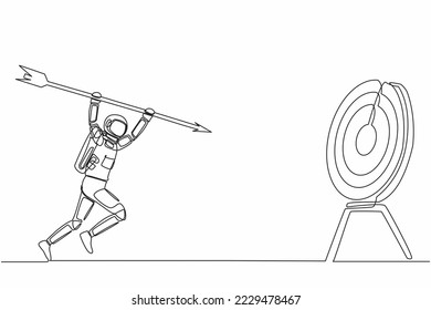 Continuous one line drawing astronaut holding and point big arrow on target. Spaceship interstellar exploration goal achievement. Cosmonaut outer space. Single line graphic design vector illustration