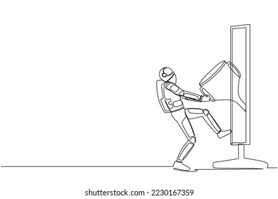 Continuous one line drawing astronaut pulling trophy from monitor screen. Award on winning spaceship exploration competition. Cosmonaut outer space. Single line draw graphic design vector illustration