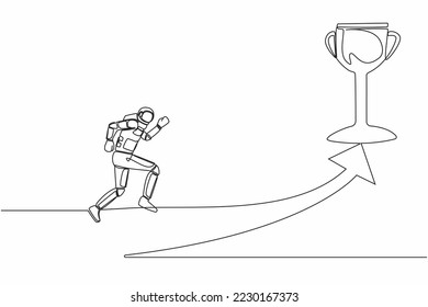 Continuous one line drawing astronaut running on forward arrow to get trophy in moon surface. Race for future starship development. Cosmonaut outer space. Single line draw design vector illustration