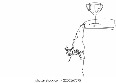 Continuous one line drawing of astronaut climber hanging on rope on top rocky cliff to reach trophy. Struggle in space expedition. Cosmonaut outer space. Single line graphic design vector illustration svg