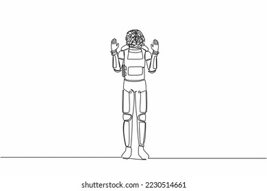 Continuous one line drawing of astronaut with round scribble instead of head, shocked, afraid, scared, terrified, fear expression. Cosmonaut outer space. Single line graphic design vector illustration