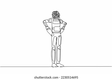 Continuous one line drawing astronaut with round scribbles instead of head. Spaceman with pockets turned outward, having no money. Cosmonaut outer space. Single line graphic design vector illustration