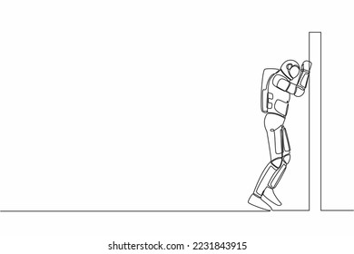 Continuo dibujo de una línea de astronauta deprimido por llorar en la pared, llorando triste oportunidad perdida en la expedición de naves espaciales. Espacio ultraterrestre Cosmonauta. Ilustración vectorial de diseño gráfico de una sola línea