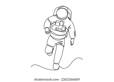 Continuous one line drawing astronaut walking in space. Outer space concept. Single line draw design vector graphic illustration.