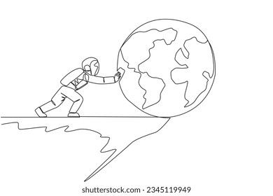 Continuous one line drawing astronaut pushes giant globe over the edge of cliff. Astronaut defeats earth's gravity. The concept of tough man in outer space. Single line draw design vector illustration