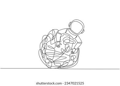 Continuous one line drawing astronaut hugging tangled circle. Trying to get rid of excess anxiety. Calm the mind for the good and smoothness of expedition. Single line draw design vector illustration