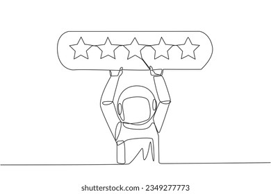 Continuous one line drawing astronaut holding rating board which contains 5 stars. Star rating. Positive review. Online shopping with give 5 rating. Galaxy. Single line draw design vector illustration