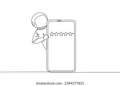 Continuous one line drawing astronaut stand behind big smartphone, but head and body appear and hands give thumbs up gesture. Online shop concept. Review 5 star. Cosmic. Single line draw design vector