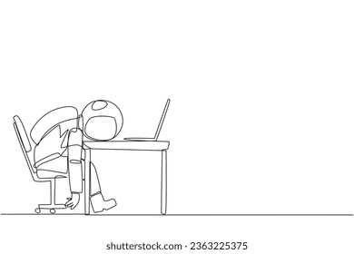 Continuous one line drawing astronaut fell asleep in front of a laptop computer. Fatigue running a business. Mental health problem. Exhausted and bored. Single line draw design vector illustration