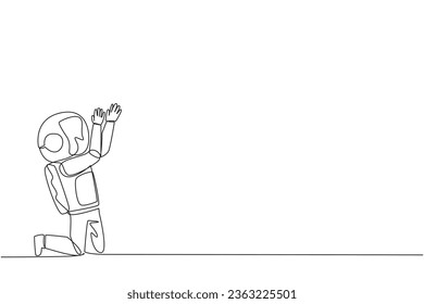 Continuous one line drawing astronaut kneeling raising hands to pray. Praying to make it easier to do business. Astronaut lost hope. Surrender. Sadness. Single line draw design vector illustration