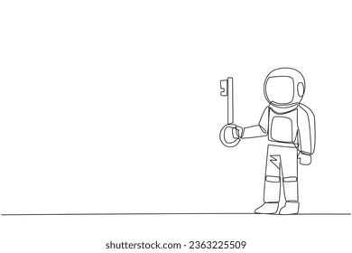 Kontinuierliche Zeichenkette für Astronauten, die den Schlüssel hält. Ein wichtiger Schlüssel zur Gewinnsteigerung wurde gesichert. Bereit, ein wichtiges Erbe für Verwandte zu werden. Vektorgrafik-Design für einzelne Linien