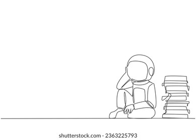 Continuous one line drawing astronaut sitting near piles of work files. Too much work is stressful. Putting off work makes work neglected. Tired. Unhappy. Single line draw design vector illustration