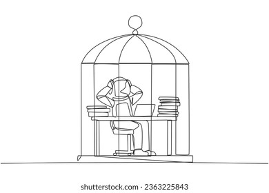 Continuous one line drawing astronaut trapped in cage sitting on office chair holding head. Being in routine trap. Tired and irritated with the daily grind. Single line draw design vector illustration