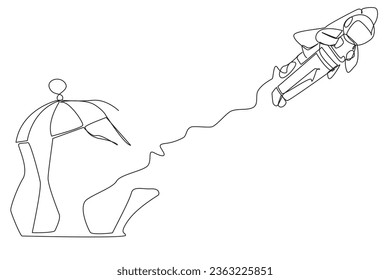 Continuous one line drawing astronaut flying with rocket and breaks the cage. Free from traps. Getting a booster to continue the business. Business soared. Single line draw design vector illustration