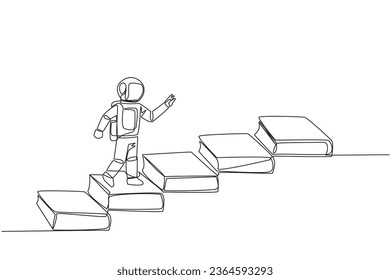 Continuous one line drawing astronaut climb stairs from books. Reading increases knowledge which can increase the dignity of better life. Book festival concept. Single line design vector illustration