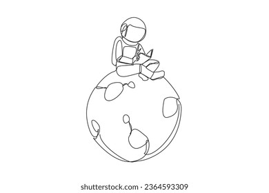 Continuous one line drawing astronaut sitting on the moon reading scientific book. Read note on several places on the moon that must be surveyed. Book fest. Single line draw design vector illustration