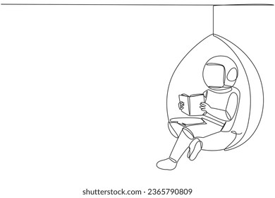 Continuous one line drawing astronaut sitting relax in hanging chair reading book. Spending weekend reading the favorite fiction story book. Love reading. Single line draw design vector illustration