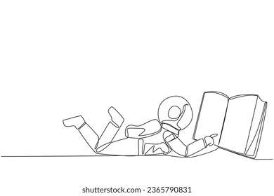 Continuous one line drawing astronaut lying on stomach reading big book. Enjoy reading book in a variety of styles. Reading increases insight. Love reading. Single line draw design vector illustration
