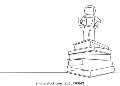 Continuous one line drawing astronaut standing on a pile of books reading the fiction story book. Intrigued by book series. Read anywhere to finish reading. Single line draw design vector illustration