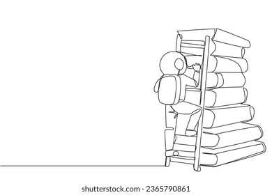 Continuous one line drawing astronaut climbs a large stack of books with a ladder. World window book metaphor. Reading increases knowledge. Cosmonaut. Single line draw design vector illustration
