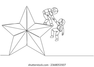 El astronauta de una línea continua ayuda a sus compañeros a escalar a la gran estrella. Metáfora de alcanzar juntos los sueños de éxito. Tener una muy buena posición profesional. Ilustración vectorial de diseño de líneas simples