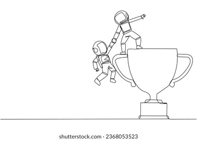 Continuous one line drawing astronaut helps colleague climb the big trophy. Achievement that cannot be achieved without great teamwork. Smart teamwork. Single line draw design vector illustration