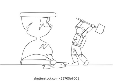 Continuous one line drawing astronaut preparing to hit the big hourglass. Remove reminders. Work without rules. Undisciplined. Detrimental to the company. Single line draw design vector illustration