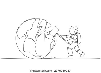 Continuous one line drawing astronaut preparing to hit the big globe. Disappointed with the world. Businesses fall apart before it grow. Deepest anger. Single line draw design vector illustration