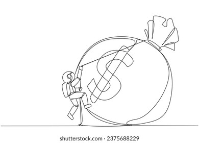 Continuous one line drawing astronaut climbing money bag with rope. Work harder to get a very large retirement fund. Bring out abilities to the maximum. Single line draw design vector illustration
