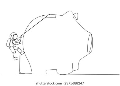 Continuous one line drawing astronaut climbing piggy bank with rope. Entrepreneur working hard to make investments preparing for retirement. Smart worker. Single line draw design vector illustration