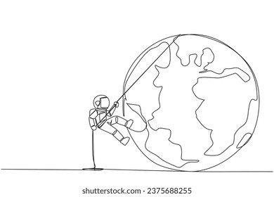 Continuous one line drawing astronaut climbing globe with rope. Trying dominate the world with massive business expansion. Success reach top of the world. Single line draw design vector illustration